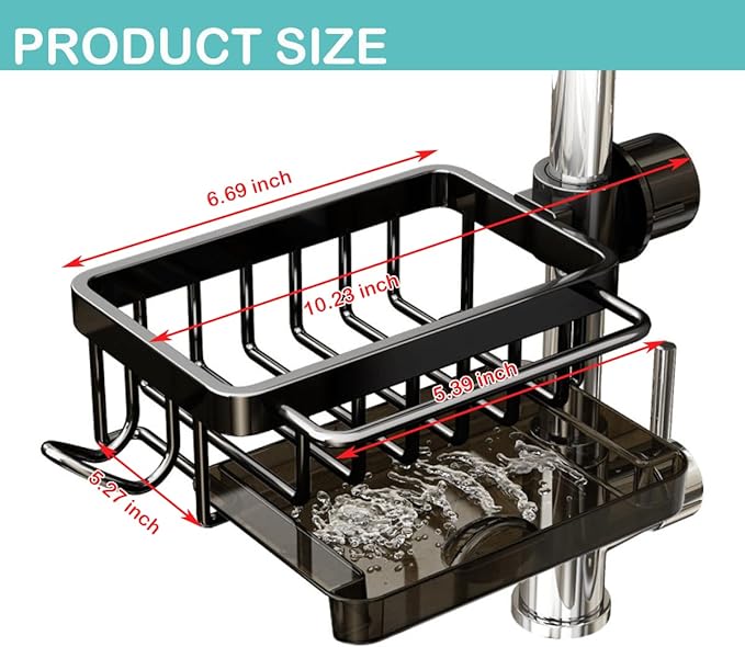 Kitchen Sink Faucet Organizer, Over Faucet Sink Organizer with Drip Tray, Adjustable Sponge Holder, Space Organizer Rack for 0.7-1.1 inch Round Water Pipe (Black)
