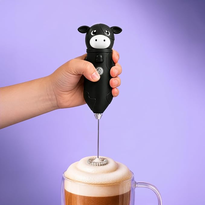 Zulay Kitchen Cow Milk Frother Wand – Cutesy Frother, Meet Your New Frothing Buddy Betsy The Cow, Adoption Papers and Stickers Included, Purrr-fect for Lattes, Cappuccino & Matcha – Black