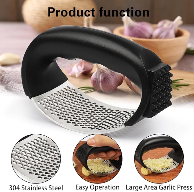 2024 Upgraded Garlic Press - Stainless Steel Rocker, Cool Kitchen Gadget, Mini Garlic Chopper - Black
