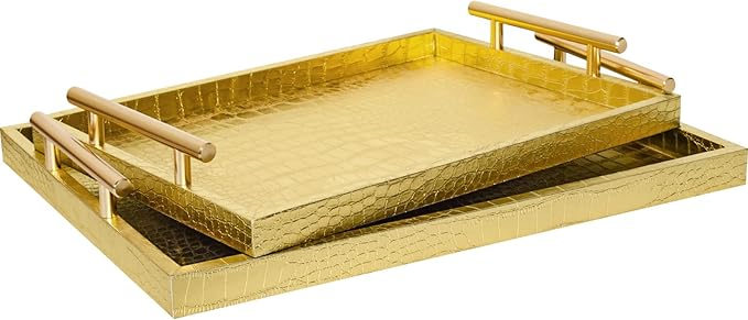 Modern Elegant Large Wood Serving Tray, Set of 2 Gold Crocodile Leather with Gold Polished Metal Handles, Home Decorative Rectangle Ottoman Decor Platter Living Room Bathroom Vanity Tray