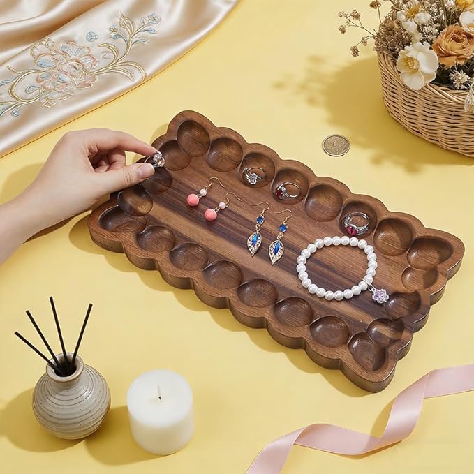 Wood Decorative Tray with Scalloped Edge Acacia Wood Rectangle Serving Trays Organization Coffee Table Wooden Trays for Living Room Bedroom Entryway Kitchen Home Decor and Vanity Storage