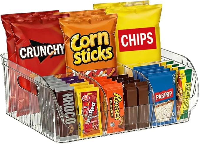 Large Snack Organizer for Countertop, 13.7"×9.3"×6" Clear Plastic Snack Storage Bin for Kitchen Pantry, 6 Compartment Snack Bar with Dividers for Cabinet, Chip Packet Holder for Office
