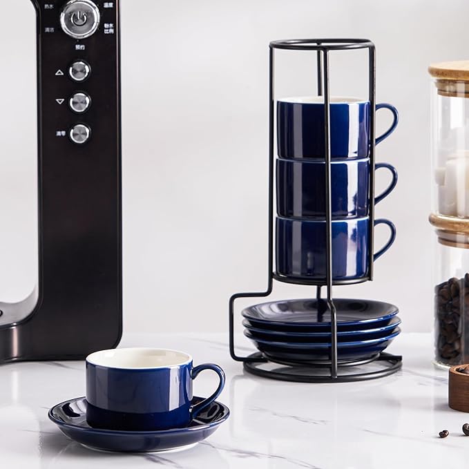 2.5oz Espresso Cups Set of 4, Porcelain Stackable Espresso Cups with Saucers and Metal Stand Set, Blue Expresso Shots Cup Set