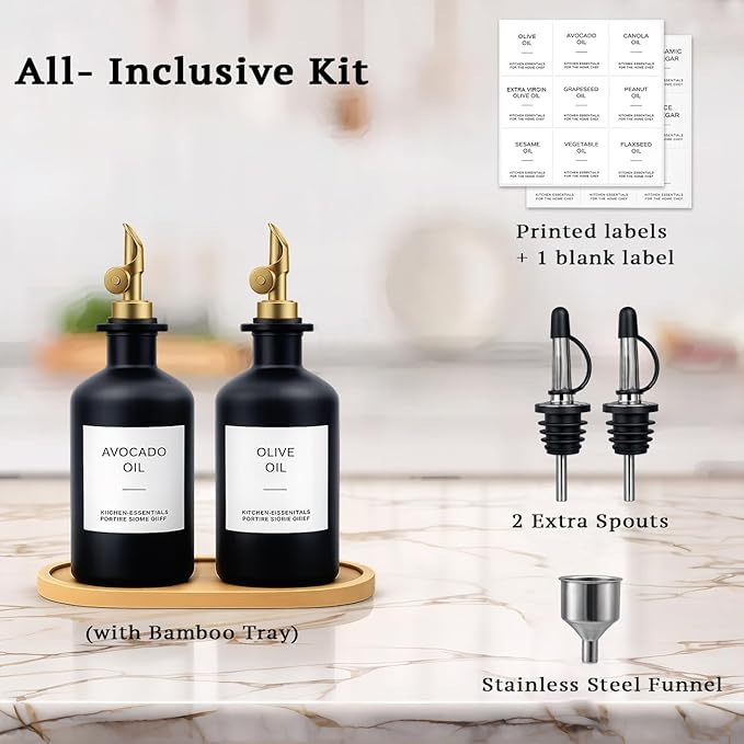 Olive Oil Dispenser Set, 2 x 11.8oz Black Glass Bottles with Auto-Flip Spouts & 2 Capped Spare Spouts, Bamboo Tray, Oil & Vinegar Cruet (Black)