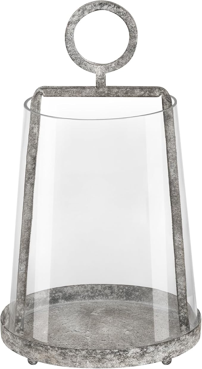 9" Wide Modern Farmhouse Metal Hurricane Candle Holder with Handmade Sturdy Glass Sleeve in Rustic Black for Pillar Candle & Plants, Glass Hurricane Lantern, Industrial, Minimalistic