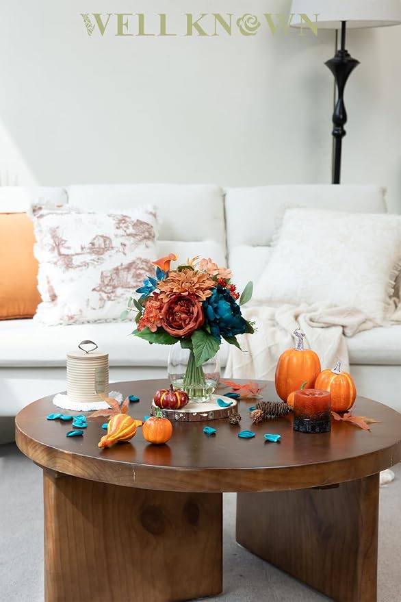 Artificial Flowers in Vase with Fake Water, Faux Silk Peony Dahlia Bouquet, Teal Burnt Orange Flowers Arrangement for Dining Table Centerpiece Wedding Party Spring Home Decor & Birthday Gift