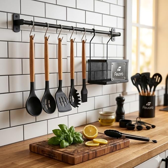 33PCS Silicone Kitchen Utensil Set, Heat Resistant Nonstick Cooking Utensils with Wooden Handles, BPA-Free Kitchen Tools Set (Black)