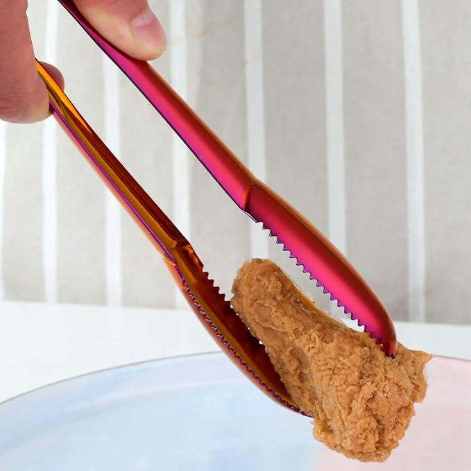 Stainless Steel Cooking Tongs for Frying, 9 Inches Serving Tongs Appetizers Charcuterie with Teeth for Parties, Food Tongs Kitchen Tongs for Nonstick Cookware, Set of 2 (Rainbow red)