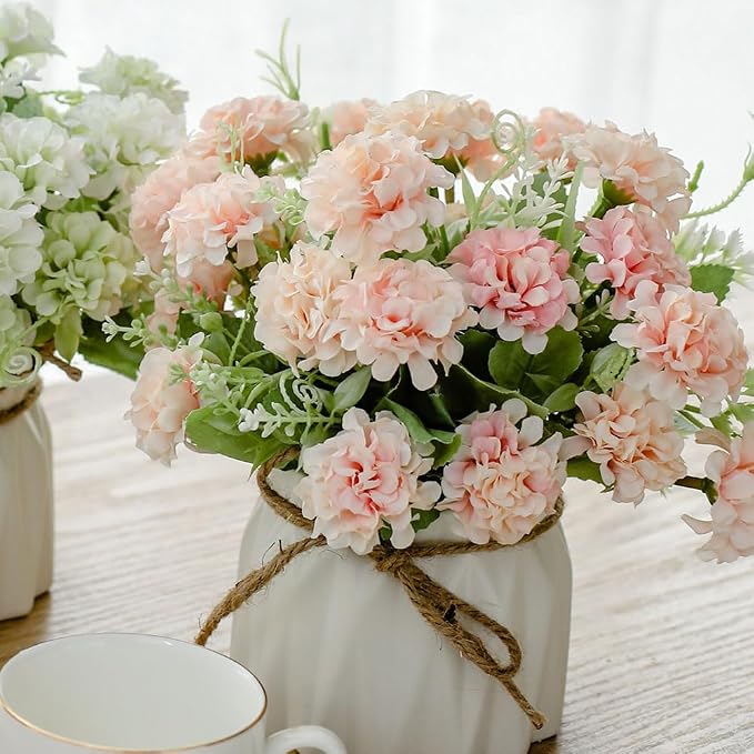TKAS Fake Flowers Arrangement in Ceramic Vase, Artificial Faux Silk Hydrangea, Small Realistic Dried-Style Floral, Dining Table Centerpiece for Wedding Party Home Decoration (Pink)