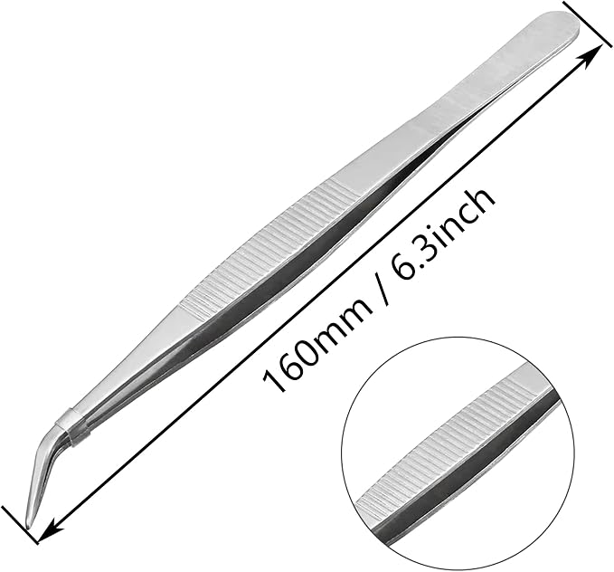 6.3Inch Long Forceps Tweezers, Serrated Bent Flat Tips Precision Curved Science Tongs Jewelers Needle Metal Sewing Sharp Small Kitchen Cooking Tweezers with Teeth Knurled Handles (1PCS-160mm)
