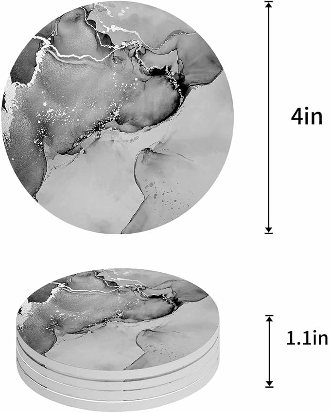 Coasters Set of 6 Black Marble Drink Coasters with Holder Absorbent Stone Ceramic Cup Mat Abstract Waves Cloud Coaster for Drinks Coffee Bar Office Kitchen Cafe Home Table Decor