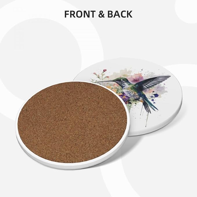 Drink Coasters for Drinks Set of 6, Watercolor Hummingbird Absorbent Round Ceramic Stone Mat, with Cork Base and Metal Holder, Home Bar Decor House Warming Gift