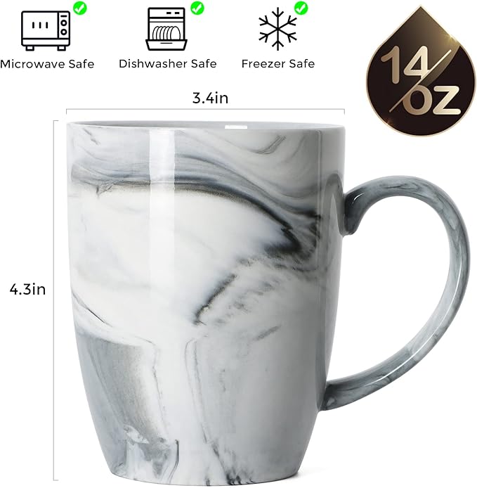 14 OZ Marble Coffee Mugs, M067 Novelty Marble Ceramic Cup for Home and Office, Microwave Dishwasher Safe, Set of 4, Gray