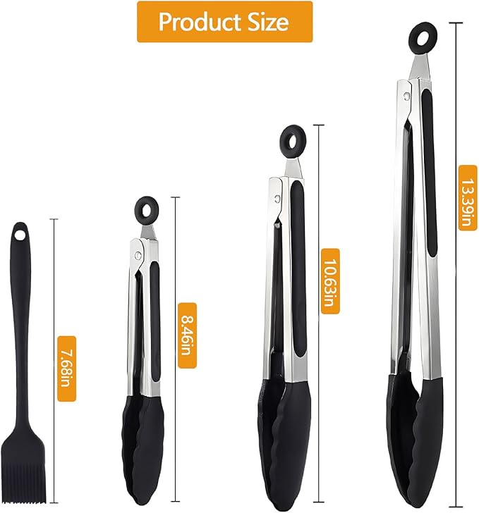 Kitchen Tongs for Cooking, Set of 4 with Oil Brush (7" 9" 12"), Heat Resistant 572°F Stainless Steel, Heavy Duty Metal Locking Tongs with Silicone Tips, Black, BBQ Grilling Dishwasher Safe