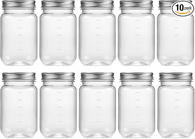 novelinks 16 oz Clear Plastic Jars with Lids, Refillable 16oz Mason Jars with Lids & Storage Containers for Kitchen & Household Use (10 Pack,Silver)