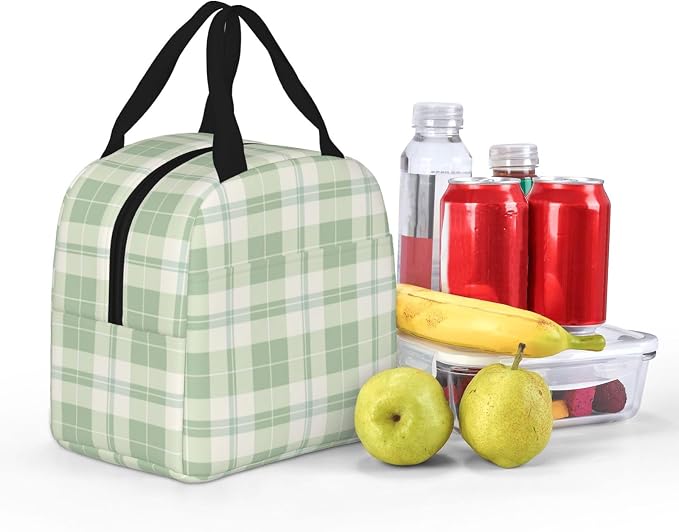 Lunch Bag Pastel Green Plaid Insulated Lunch Box Reusable Cooler Tote for Adults Student Girl Boy Work Office School Picnic Over 3 Years Old