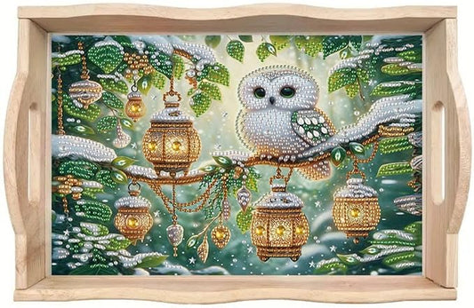 DIY Diamond Serving Tray Rectangular Breakfast Tray with Handle Handmade Diamond Art Painting Wooden Tray for Dinner Plate Coffee Room Living Home Organizer-Owl04