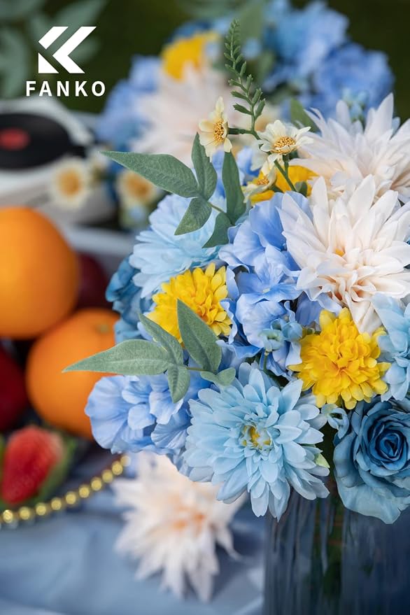 FANKO Artificial Flowers for DIY Bouquet, Blue Faux Rose, Blue White Yellow Fake Flower Rose Dahlia Daisy Hydrangea for Vase, Floral Arrangement, Centerpieces, Wedding Arches, Home Decor, Party Décor