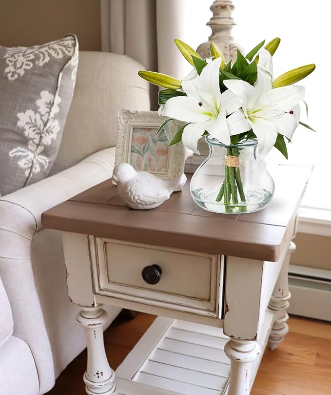 Artificial Flowers Tiger Lily Real Touch with Vase Easter Lily White Lilies Silk Faux Flowers Arrangements in Glass Vase with Faux Water Easter Decor Fake Floral Bulk Bouquet for Office Home Decor