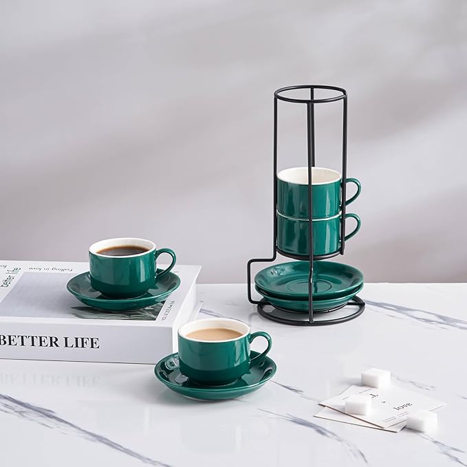 YOLIFE 2.5oz Espresso Cups Set of 4, Porcelain Stackable Espresso Cups, Expresso Shots Cup Set with Saucers and Metal Stand-Green