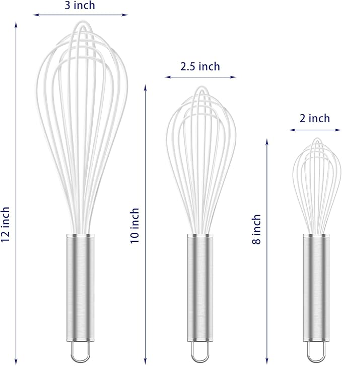 OYV White Silicone Whisk, Professional Whisks For Cooking Non-Scratch, Stainless Steel & Silicone Wisk, Plastic Rubber Whisk Tool For Nonstick Cookware Pans, BPA free, Silicon Wisks Set of 3