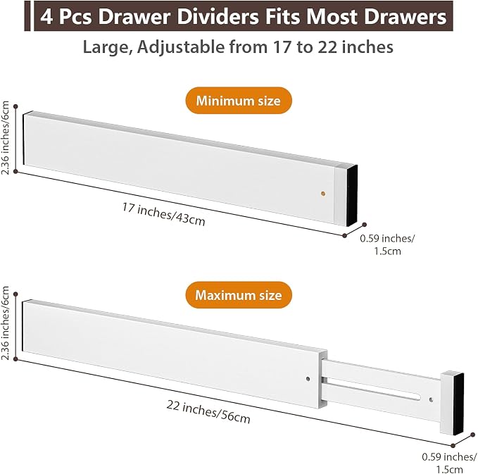 DUCOO 4 PCS Drawer Divider, 17"-22" Adjustable Bamboo Drawer Dividers Organizers, Expandable Separators for Kitchen, Clothes, Dressers, Home, Office, White