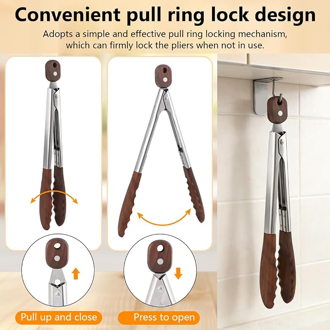 Wooden Tongs for Cooking, Stainless Steel Salad Tongs with Walnut Wood Tip, Multifunctional Stainless Steel Handle Kitchen Tong for Serving Food, Bread, BBQ, Tossing Salad(COLOR:2 pcs)