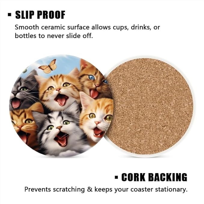 Ceramic Stone Cork Coasters for Drinks Tableware, Group of Cats with Butterfly Round Absorbent Durable Aesthetic Art Cup Mat Protects Tables and Surfaces Set of 1 (4 * 4 Inch)
