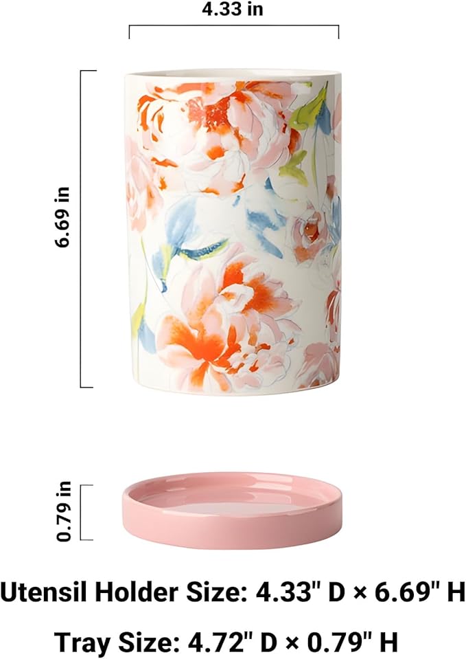 Utensil Holder for Kitchen Counter, Large Ceramic Utensil Holder Crock with Drain Tray, Hand-Painted Floral Rustic Farmhouse Kitchen Crock, Perfect for Women, Christmas, Hostess Gifts & Fall Decor