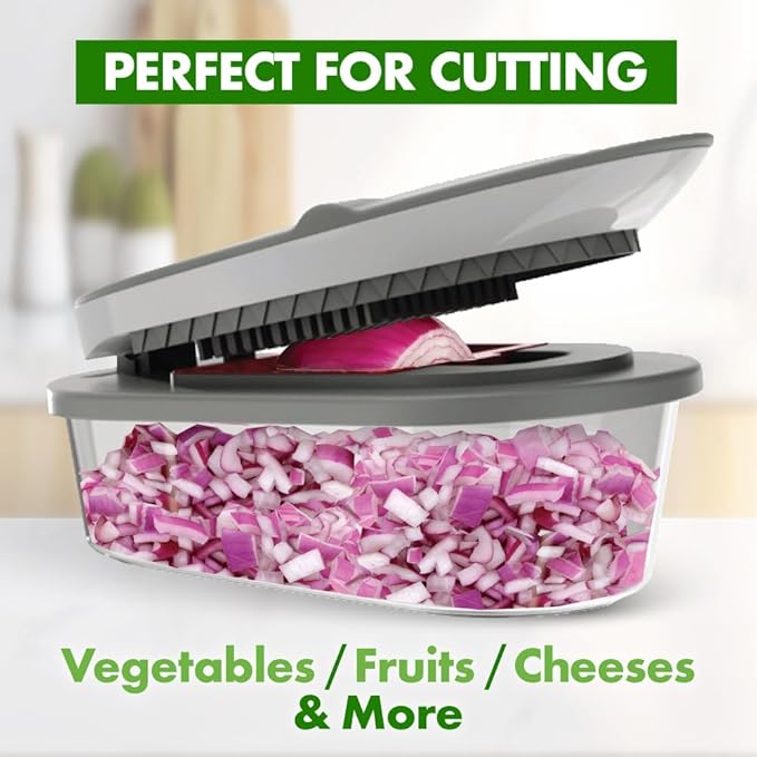Vegetable Chopper and Mandoline Slicer with Container, CHOPZILLA 4 Stainless Steel Blades, BPA-Free Onion Dicer, Veggie Chopper, French Fry Cutter, Fruit Salad Potato Food Slicer and Dicer, Pink