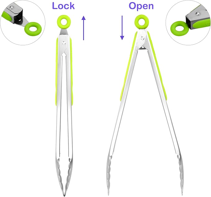 304 Stainless Steel Kitchen Cooking Tongs, 12" and 14" Set of 2 Sturdy Grilling Barbeque Brushed Locking Food Tongs with Ergonomic Grip, Green
