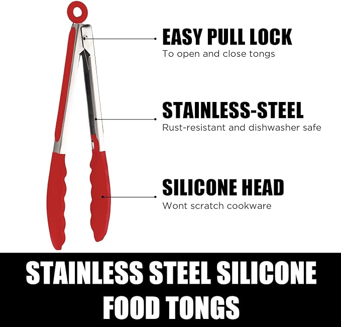 Kitchen Tongs with Silicone Tips, Kitchen Tongs, Cooking Tongs, Premium Stainless Steel Locking Cooking Tongs, Non-Slip Food Tongs for Cooking, Heavy Duty, Non-Stick, 480℉, Set of 3-7"/9"/12" Red