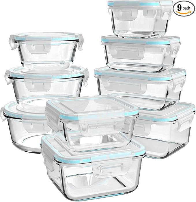 AILTEC Glass Food Storage Containers with Lids, [18 Piece] Glass Meal Prep Containers Set, Airtight Leak Proof, Oven Freezer Dishwasher Safe, BPA Free (9 Lid & 9 Container)