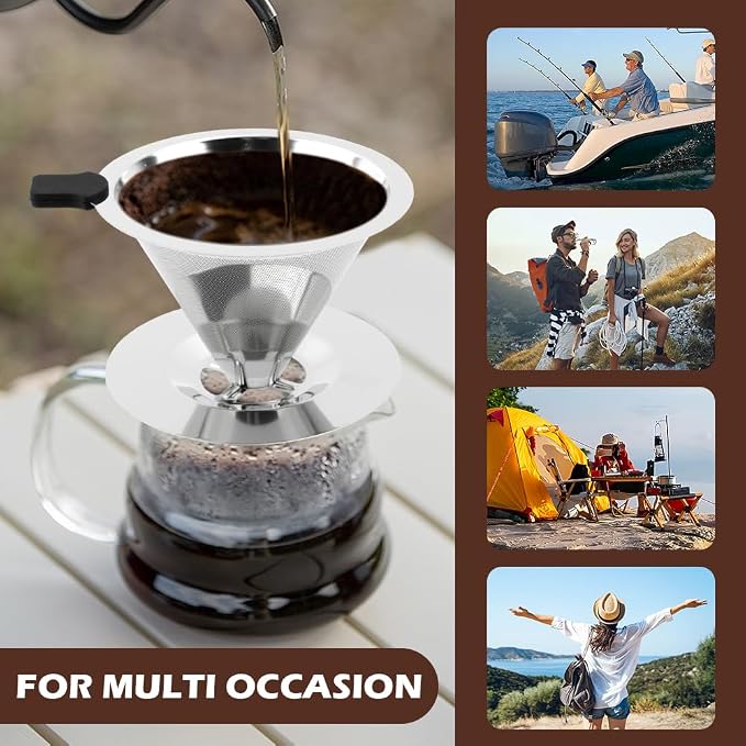 Pour Over Coffee Dripper With Cleaning Brush,Upgraded Double Micro Mesh Filter with Cup Stand,Stainless Steel Coffee Filter,Reusable Coffee Filter,Pour Over Coffee Maker(3-4cup)