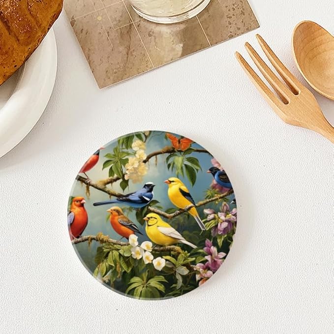 Ceramic Stone Cork Coasters for Drinks Tableware, Vibrant Birds Perched on Tree Branches Round Absorbent Durable Aesthetic Art Cup Mat Protects Tables and Surfaces Set of 1 (4 * 4 Inch)