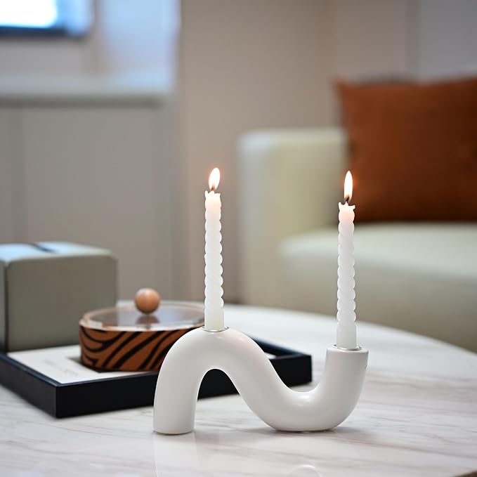 Ceramic Candle Holder, Modern Taper Candlestick Holder for Dining Table, Living Room Coffee Table, Candelabra for 2 Taper Candles-White
