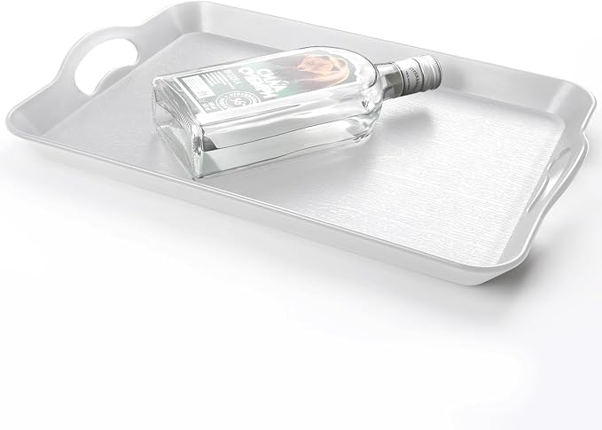 2PC White Serving Trays with Handles, 16 x 11.2 inch Rectangular Non Skid Multi-Purpose Plastic OttomanTray for Restaurant, Parties, Coffee Table, Kitchen