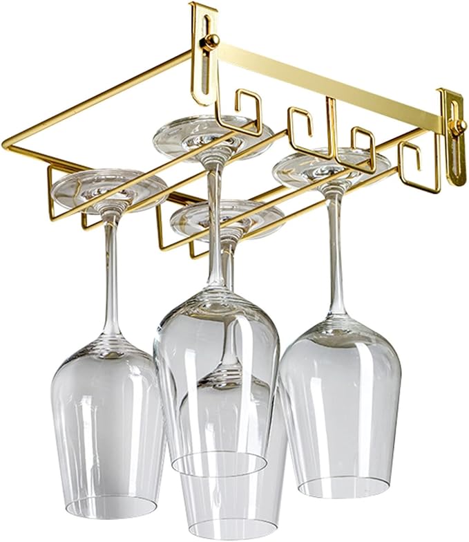 Adjustable Wine Glass Rack Under Cabinet, 2 Row Wine Glass Holder Stemware Rack Hanger, Under Shelf Stemware Storage Rack For Cupboard Kitchen Bar, Can Hang 4-6 Cups (25*22.5*5cm) ( Color : Gold )