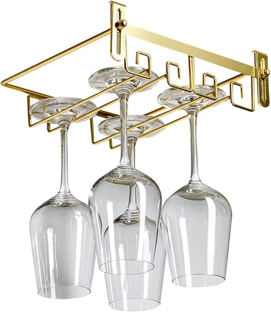 Adjustable Wine Glass Rack Under Cabinet, 2 Row Wine Glass Holder Stemware Rack Hanger, Under Shelf Stemware Storage Rack For Cupboard Kitchen Bar, Can Hang 4-6 Cups (25*22.5*5cm) ( Color : Gold )