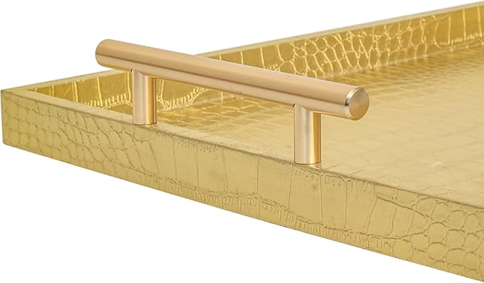 Set of 2 Modern Elegant Large Wood Serving Tray, Rectangle Decorative Tray Ottoman Tay Coffee Table Tray, Gold Crocodile Leather with Gold Polished Metal Handles