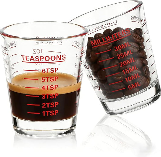 Measuring Cup Shot Glasses 2PACK Espresso Shot Glasses Liquid Heavy Glass 26-Incremental Measurement 1 OZ, 2 TBS, 6 TSP, 30 ML Kitchen Tools (Red)