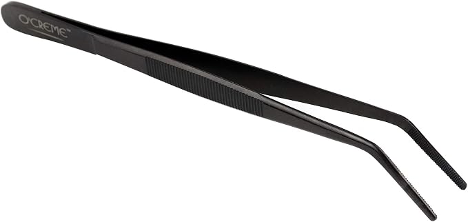 O'Creme Stainless Steel Precision Kitchen Culinary 8 Inch Tweezer Tongs (8" Curved, Black)