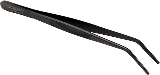 O'Creme Stainless Steel Precision Kitchen Culinary 8 Inch Tweezer Tongs (8" Curved, Black)