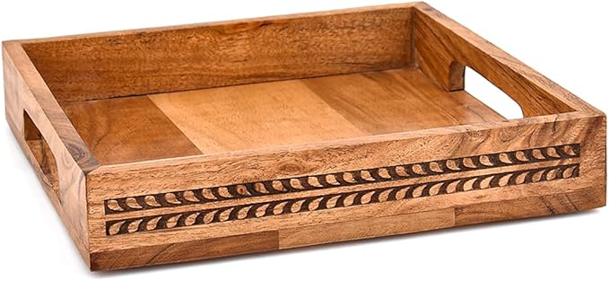 Nirman Serving Trays Acacia Wood with Engraved Design & Cutout Handles | Rustic Farmhouse Food & Drink Server (10" x 10" x 1.6")