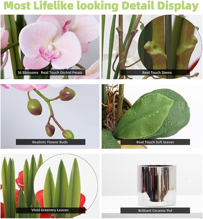 CXGS Artificial Orchid Flower Plants Real Touch Faux Orchids in Ceramic Vase 20.9'' Pink Phalaenopsis Orchid Fake Flower Arrangement Home Indoor Decor