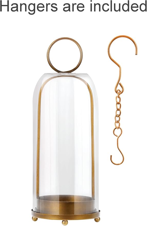 16" High Versatile Modern Metal Hurricane Lantern with Handmade Sturdy Glass Dome in Antique Brass for Pillar Candle & Plants, Industrial, Farmhouse, Shabby Chic (Brass, 6.3"x16.5")