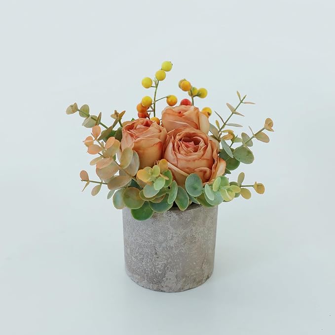 Small Artificial Burnt Orange Rose Potted Plant, 6" Fake Silk Flowers in 3" Cylindrical Pot, Mini Faux Floral Arrangement for Desk Shelf Bathroom Decor