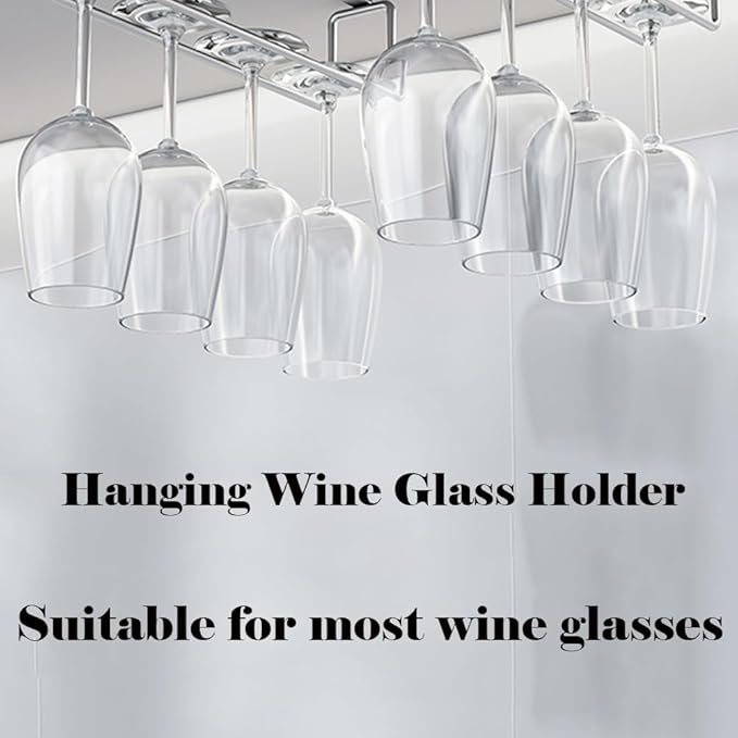 Wine Glass Rack Under Cabinet, Hanging Stemware Rack, Wine Glass Holder, Wine Glasses Storage Hanger Organizer, for Kitchen Bar(Silver)