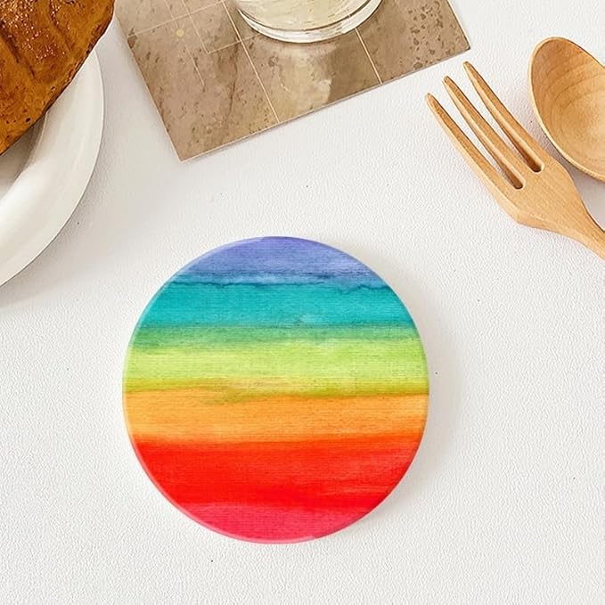 Ceramic Stone Cork Coasters for Drinks Tableware, Rainbow Colorful Pattern Round Absorbent Durable Aesthetic Art Cup Mat Protects Tables and Surfaces Set of 1 (4 * 4 Inch)