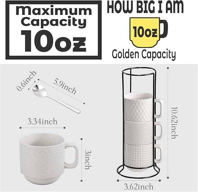 Stackable Coffee Mug Set of 4 with Stand, 10oz Ceramic Cups with Spoons – Ribbed Porcelain Mugs for Tea, Latte, Cappuccino – Microwave & Dishwasher Safe – Gift for Home & Office Use (White)